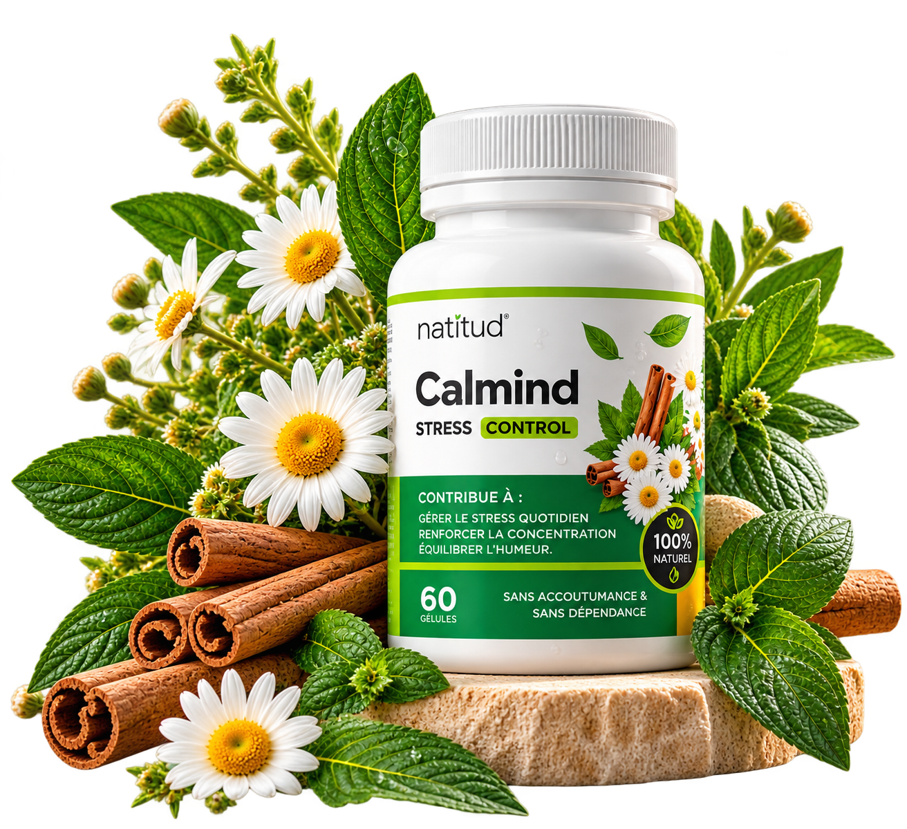 Flacon Calmind entouré de botanicals naturels