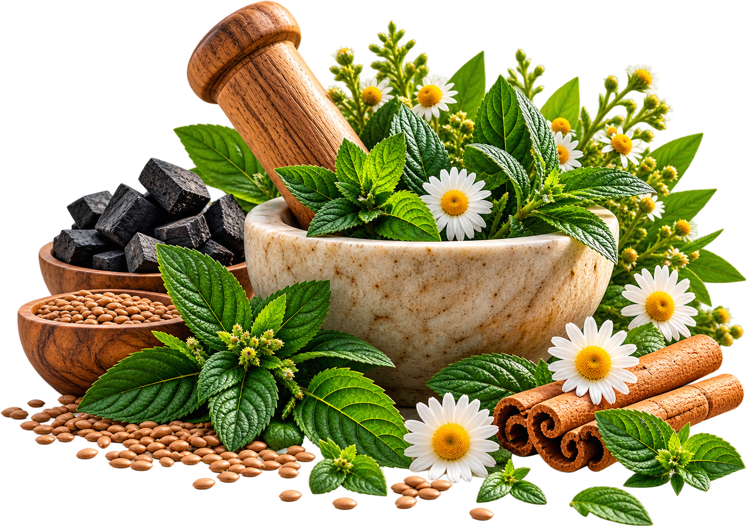 Mortier d’herbes, camomille et cannelle